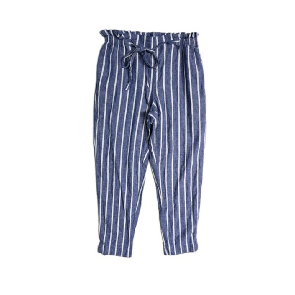 Beachlunchlounge Pants Womens M Blue White Stripe Linen Cotton Blend Elastic